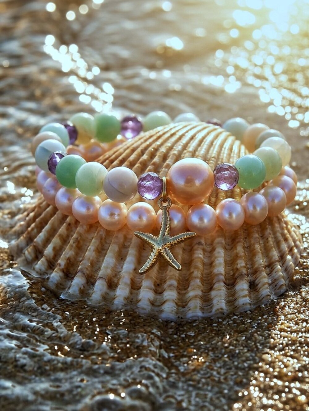 Pearl Bracelet Set w/Starfish Charm, Dainty Gemstone Stretch Bracelet, Luxe Gift